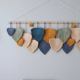 Large Macrame Leaves Wall Hanging Boho Art Decor, Housewarming Gift, Blue & Beige - thumbnail 4