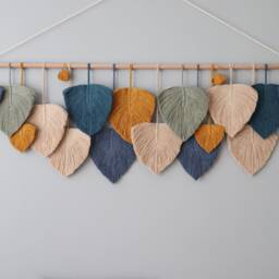 Large Macrame Leaves Wall Hanging Boho Art Decor, Housewarming Gift, Blue & Beige - thumbnail 2