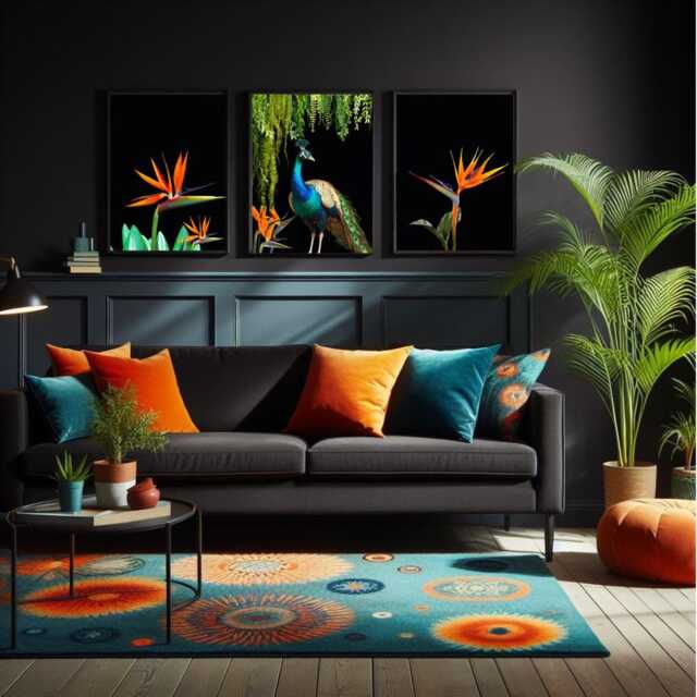 Set Of 3 Birds-Of-Paradise & Peacock Wall Art Prints - Tropical Botanical Maximalist Style Statement Pieces - image 1