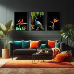 Set Of 3 Birds-Of-Paradise & Peacock Wall Art Prints - Tropical Botanical Maximalist Style Statement Pieces - thumbnail 3