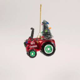 Red Tractor With Festive Lights Carrying Christmas Tree Hanging Bauble - Winter Wonderland Farmer Agriculture Countryside Mechanic Gift