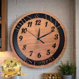 Personalized Wooden Round Clock With Silent Sweep, Custom Names, Dates, Colors, Fonts, & Logos - thumbnail 2