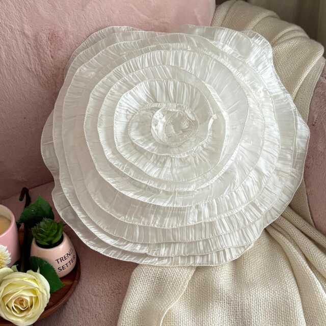 Ivory Crushed Silk Ruffled Rose 16 Inch Modern Round Pillow Cover - Vintage Ruffles - image 1