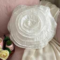 Ivory Crushed Silk Ruffled Rose 16 Inch Modern Round Pillow Cover - Vintage Ruffles - thumbnail 1