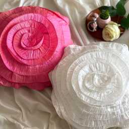 Ivory Crushed Silk Ruffled Rose 16 Inch Modern Round Pillow Cover - Vintage Ruffles - thumbnail 3