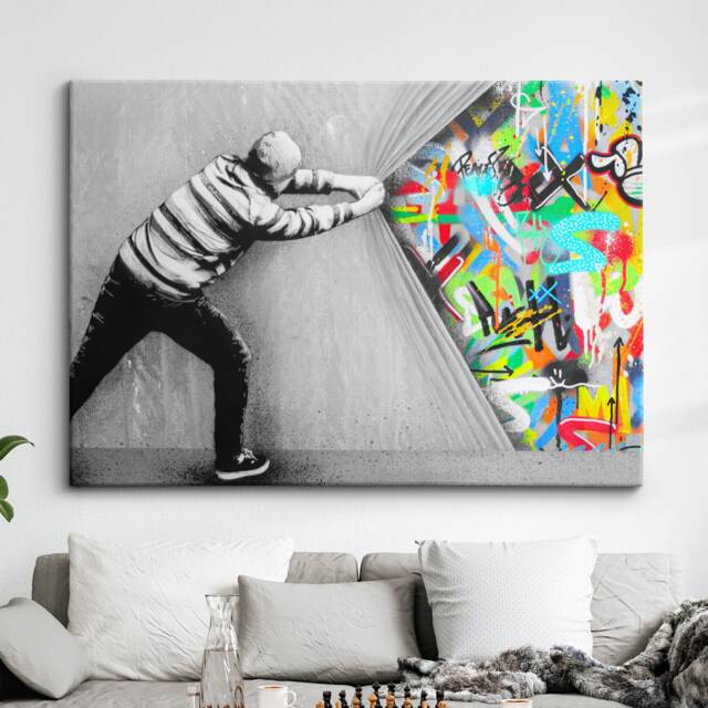 Behind The Curtain Graffiti Banksy Abstract Modern Painting Wall Art, Framed Canvas Poster Print, Home Kitchen Office Room Decor, Gifts - image 1