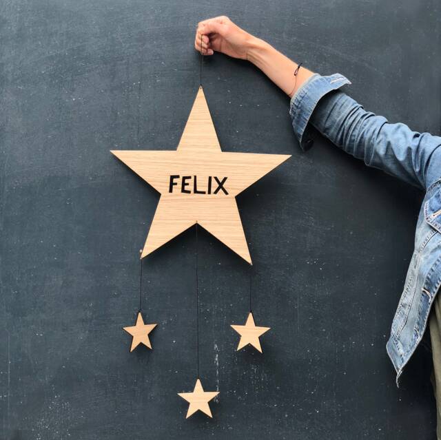 Personalised Star Hanging Decoration - Nursery Mobile Name Wall New Baby Gift Or Christening Sign Kids Decor
