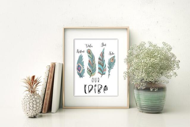 Tribal Family Name, Feather Print Boho Wall Art Decor - Personalized, Digital Download - image 1