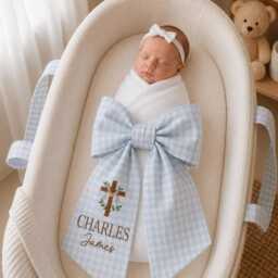 Custom Christian Cross Embroidered Newborn Bow Sash, Baptism Gingham Swaddle, Sash For Baby Picture, Shower Gift - thumbnail 1