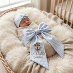 Custom Christian Cross Embroidered Newborn Bow Sash, Baptism Gingham Swaddle, Sash For Baby Picture, Shower Gift - thumbnail 3