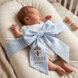 Custom Christian Cross Embroidered Newborn Bow Sash, Baptism Gingham Swaddle, Sash For Baby Picture, Shower Gift - thumbnail 2