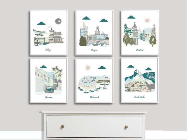 Travel Theme Nursery Art Prints, Set Of 6, World Cities - image 1