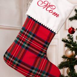 Personalized Plaid Christmas Stockings With Pompom Trimmed Cuff, Family Stockings, Tartan - thumbnail 2