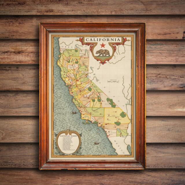 Vintage California National Parks Map, Golden State Wall Art - image 1