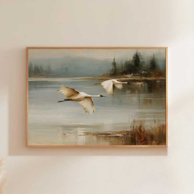 Misty Lake Landscape Poster, Pine Forest Paper Wall Art - image 1