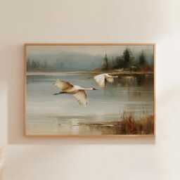 Misty Lake Landscape Poster, Pine Forest Paper Wall Art - thumbnail 1
