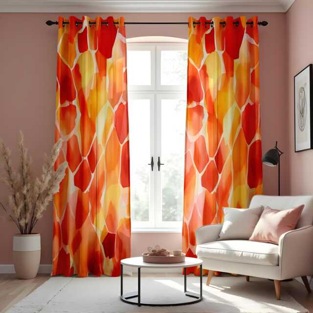 Vibrant Orange & Yellow Geometric Curtains, Abstract Colorful Drapes, Bold Living Room Window Treatments, Giraffe Print Curtain Panels - image 1