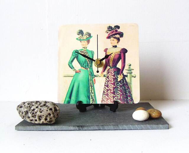 Two Ladies 1900S Desk Clock - Small Wall Photo Decoupage Reproduction Vintage Print Art - image 1