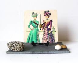 Two Ladies 1900S Desk Clock - Small Wall Photo Decoupage Reproduction Vintage Print Art - thumbnail 1