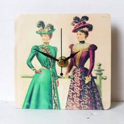 Two Ladies 1900S Desk Clock - Small Wall Photo Decoupage Reproduction Vintage Print Art - thumbnail 2