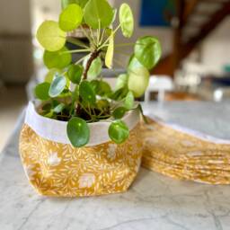 Linen & Cotton Fabric Basket, Pot Cover Or Pockets, Indian-style Foliage Pattern - thumbnail 3