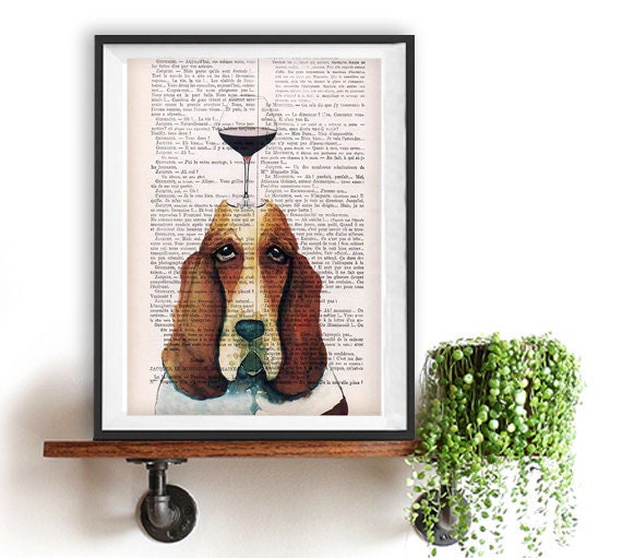 Happy Basset Hound With Wine Glass, Pop, Funny Poster, Dictionary Print Giraffe Gift Dorm College Home Wall Decor - image 1