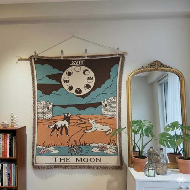 The Moon Tarot Woven Blanket, Celestial Wall Hanging, Spiritual Art - image 1