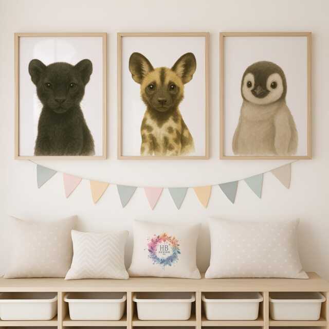 Baby Animal Nursery Prints - Safari Wall Art, Boys Bedroom Decor, Watercolour Print, Girls Room, Kids Playroom - image 1