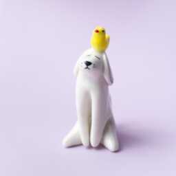 Bantu - Handmade White Porcelain Dog Figurine With Yellow Duck - thumbnail 3