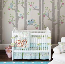 Birch Tree Owls Wall Decal, Baby Nursery Decor - thumbnail 1