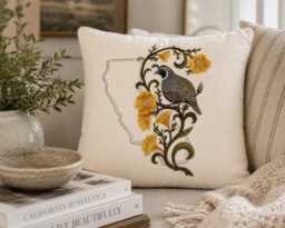 California Quail & Poppy Medley. Embroidered With Feather Insert - thumbnail 1