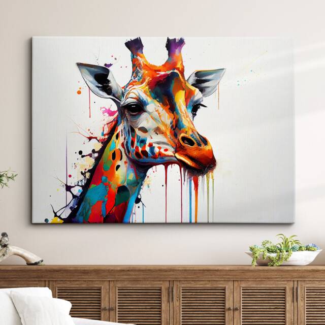 Colorful Giraffe Head Abstract Oil Painting Splatter Style Wall Art, Framed Canvas Poster Print, Home Kitchen Office Room Decor, Gifts - image 1