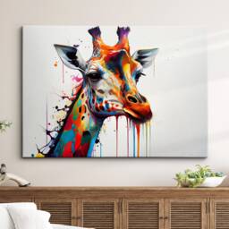 Colorful Giraffe Head Abstract Oil Painting Splatter Style Wall Art, Framed Canvas Poster Print, Home Kitchen Office Room Decor, Gifts - thumbnail 1