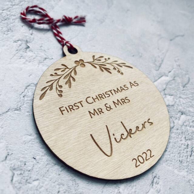 Personalised First Christmas Bauble - Mr & Mrs Wooden Ornament - image 1