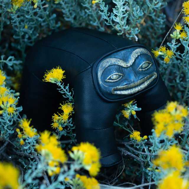 Handmade Frog Dog Art Toy Black Leather Body, Brass Face Sculpture - image 1