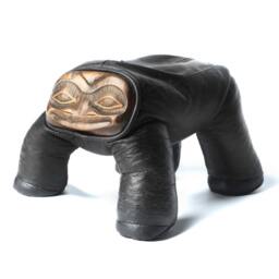 Handmade Frog Dog Art Toy Black Leather Body, Brass Face Sculpture - thumbnail 3