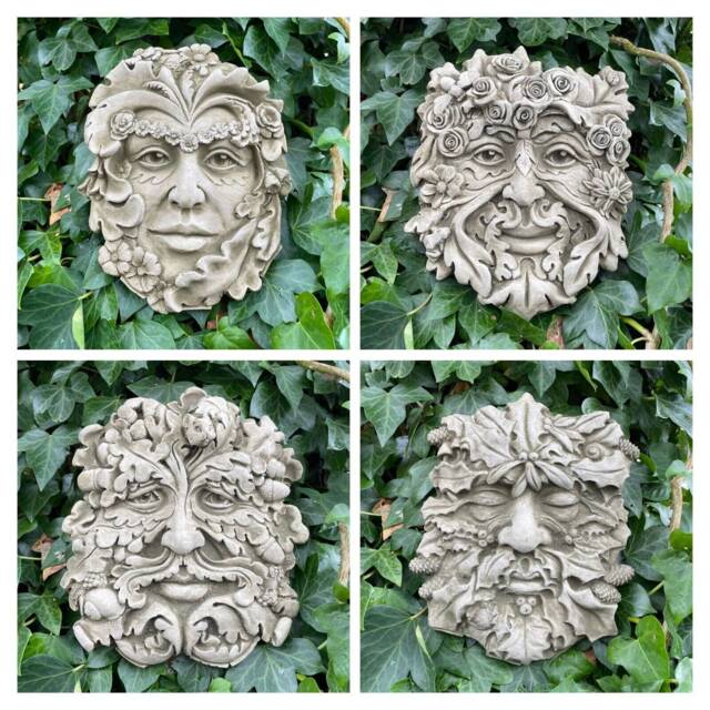 Set 4x Four Seasons Green Man Stone Hanging Plaque - Ivy Outdoor Garden Ornament Gift - image 1