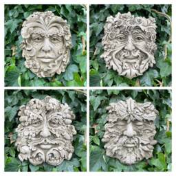 Set 4x Four Seasons Green Man Stone Hanging Plaque - Ivy Outdoor Garden Ornament Gift