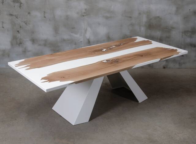 Custom Resin Table Made Of Oak, White Epoxy Table, Matte Finished Conference River With Steel Legs, Big Live Edge Dining Table - image 1
