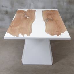 Custom Resin Table Made Of Oak, White Epoxy Table, Matte Finished Conference River With Steel Legs, Big Live Edge Dining Table - thumbnail 3