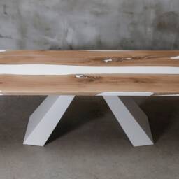 Custom Resin Table Made Of Oak, White Epoxy Table, Matte Finished Conference River With Steel Legs, Big Live Edge Dining Table - thumbnail 2