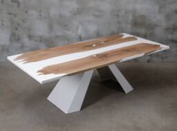 Custom Resin Table Made Of Oak, White Epoxy Table, Matte Finished Conference River With Steel Legs, Big Live Edge Dining Table