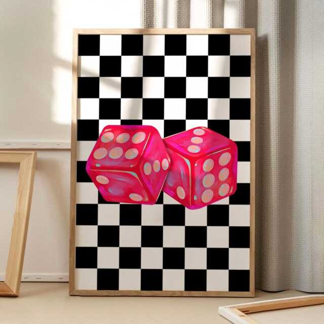 Black & White Checkered Dice Modern Art Canvas Poster, Trendy Wall Art, Apartment Aesthetic Decor, Retro Home Printed Gift