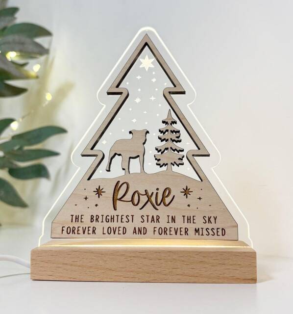 "Personalised Christmas Dog Memorial Night Light With Wooden Led Base ""The Brightest Star in The Sky" - image 1