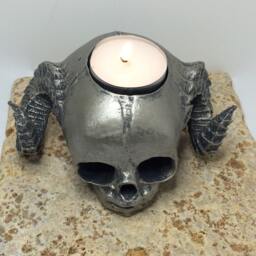 Satyr Fetal Skull Tea Light Holder, Hand Sculpted Resin Sculpture -Spooky Gothic Demon Candle For Halloween Gift & Home Decor - thumbnail 4