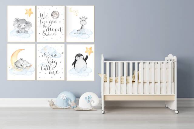 Elephant Nursery Print Hot Air Balloons, Moon & Stars Wall Art - image 1