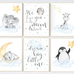 Elephant Nursery Print Hot Air Balloons, Moon & Stars Wall Art - thumbnail 2