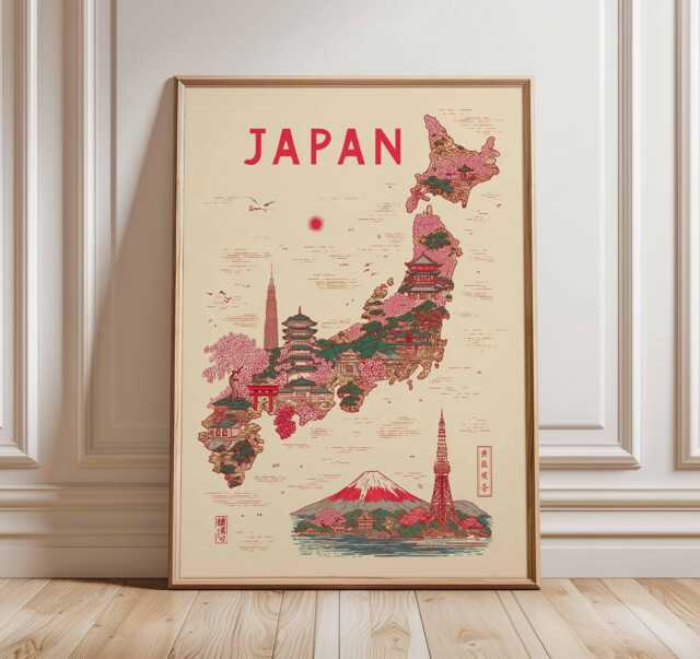 Japan Map Poster, Vintage Travel Wall Art, Japanese Landmarks Illustration - image 1