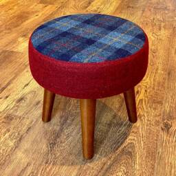 Blue Tartan & Red Harris Tweed Small Footstool With Dark Varnished Wooden Legs - thumbnail 2