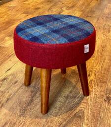 Blue Tartan & Red Harris Tweed Small Footstool With Dark Varnished Wooden Legs